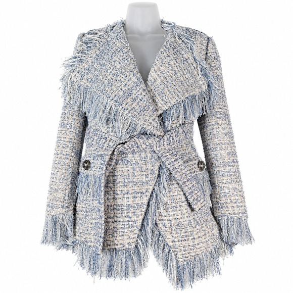 Balmain Jackets & Blazers - Balmain Tweed Jacket Womens M Blue Fringed Sequin Glam Designer Belt Luxury Boho
